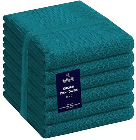 COTTONIVA 6er Set Geschirrtuch - Küchentücher 100% Baumwolle - für Restaurant, Bar, Glas - Saugfähige Maschinenwaschbar Küchentücher mit Aufhängeöse - 40x70 cm Azul Blau