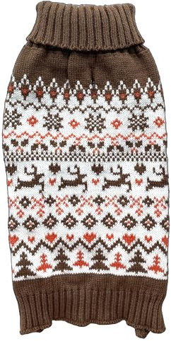 Rollkragenpullover für Hunde, Weihnachtspullover für Hunde, Stechpalme, hässlich, gestrickt, Rentier, Urlaub, Hundepullover, Braun, Größe M, Rückenlänge 35,6 cm