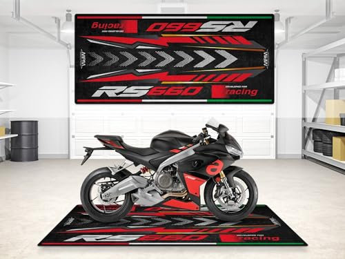 wibeart MPM Motorradmatte für RS 660, waschbar, rutschfest, öl- und wasserabweisend, Parkmatte für Garage, Ausstellungsraum, Werkstatt | Racing Schwarz - Größe 1: 86.6 x 39.4/220 x 100 cm