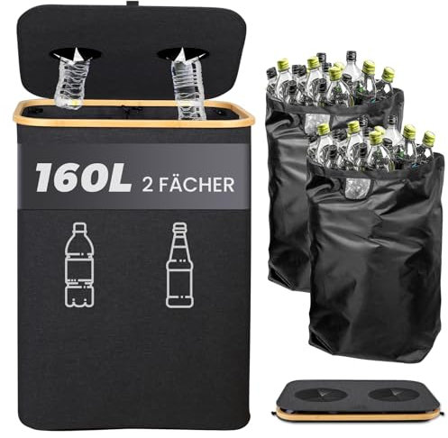 MIDINGCHAI 160L Wäschekorb 2 Fächer, Pfandflaschen Sammelbehälter mit Deckel, Behälter Leergut & Altglas & Papiermüll Sammelbehälter, Pfandflaschen Behälter Bambus mit Beutel, must have