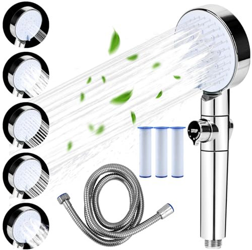 Bazasa Duschkopf mit Filter und Wasserstop Wassersparender Duschkopf mit 1.5M Schlauch Hochdruck Handbrause mit 5 Strahlarten, Silber