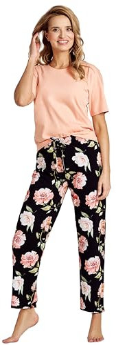 Mademoiselle Sommeil Damen Schlafanzug in Apricot & Schwarz | 100% Baumwolle | Kurzarm & Lange Hose mit Rosendruck | Elastischer Bund