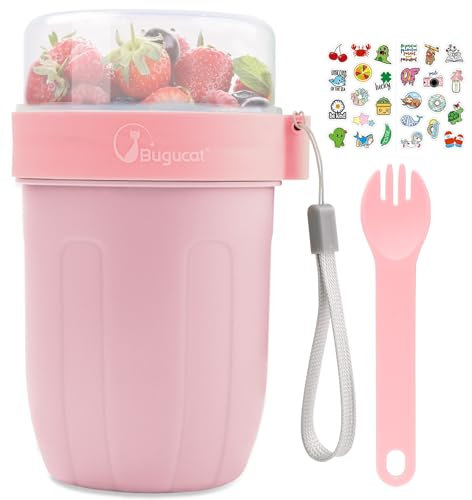 Bugucat Müslibecher to Go 660ML+260ML, 2in1 Joghurtbecher to Go & Müsli Cup to Go Becher Löffel und Aufkleber, Auslaufsicherer Lunchpot Müslidose, Unterwegs Müslischale Yoghurt to Go, Rosa