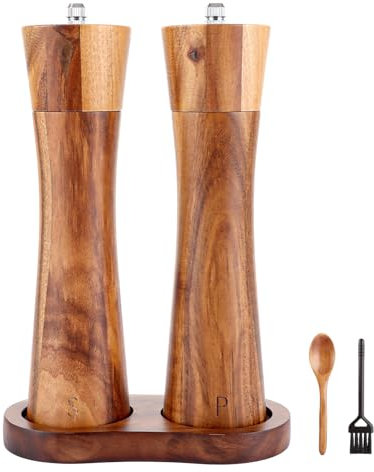 DAJAVE Pfeffermühle holz 20,5cm Salz und Pfeffermühle Holz Set mit Mühlenuntersetzer Verstellbare Salzmühle Keramikmahlwerk Holz Salzmühle Edelstahlmahlwerk Pfeffermühle Akazienholz PepperMillWood