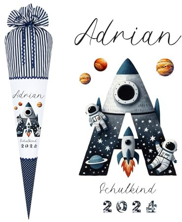 Manufaktur Liebevoll Schultüte Junge Weltall Astronaut Monogramm Weltraum Einschulungstüte Name personalisiert Stoff Schultüte Rakete Zuckertüte Schulkind 2025 I (Rakete Buchstaben)