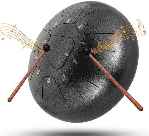 Couleeur Rain Drum for Outside Garden, 10 Inch 11 Notes Steel Tongue Drum Instrument Tank Drum Set with Drumsticks, Drumstick stand for Meditation Yoga Musical Education, Best Gift for Adult& Kids