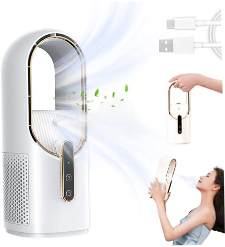 Ventilador de torre de 12 pulgadas sin hojas ventilador de escritorio con nebulización recargable por USB pequeño ventilador de mesa con nebulización y enfriamiento silencioso de 3 velocidades