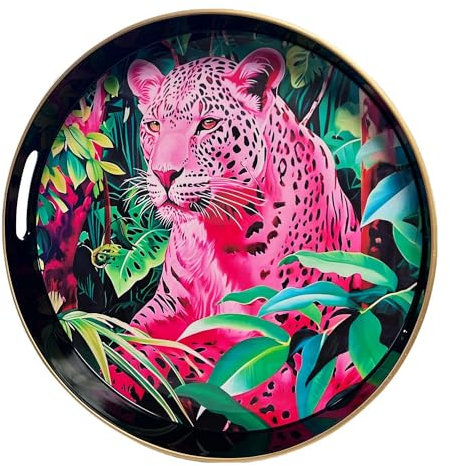 Simmer Stone Bandeja decorativa redonda, plástico marmoleado con asas, tocador moderno y servir para otomana, mesa de café, cocina y baño, tamaño 13 pulgadas (leopardo rosa)