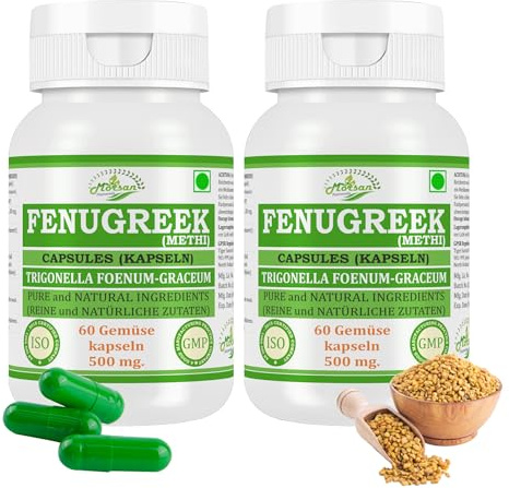 Fenugreek-Kapseln 500 mg. 60 Veganer. Einheiten | Methi (Trigonella foenum-graceum) Extrakt-Kapseln für Männer und Frauen | Ayurvedische Kräuterergänzung | 10:1 Stärke (2 Flasche mit 60 Kapseln)