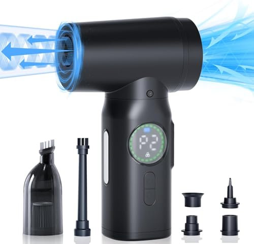 NGTeco Limpiador de Aire Comprimido, 100000RPM Soplador y Aspiradora de Mano 3 en 1 con Batería de 7500mAh, Succión de 6.8Kpa, Pantalla LED y Luz, Inalámbrico para Coche, PC, Laptop, Teclado