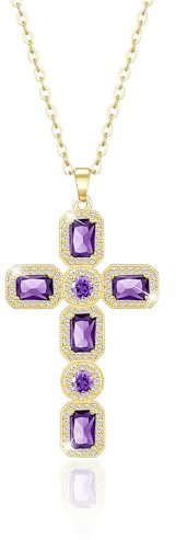 Linawe Amethyst Kreuzkette Kreuz Kette Gold Halskette Damen, Goldkette mit Kreuz Anhänger, Lila Diamant Geburtsstein Kristall Kettenanhänger Vergoldete Goldschmuck Damenkette