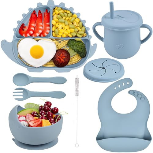 Delven Silicone Assiette pour Bébé Set Vaisselle 8 Pièces Antiderapant Coffret Repas avec Ventouse Bol CuillèRe Fourchette Bavoir Tasse Couvercle Set Repas pour Enfant Garçon, Bleu Clair Dinosaure
