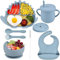 Delven Set Pappa Svezzamento, Silicone Stoviglie 8 Pezzi Piatto con Ventosa Ciotola Bavaglino Posate Svezzamento Tazza Coperchio Kit Pappa Viaggio,Antiscivolo per Neonato Bambini, Blu Chiaro Dinosauro