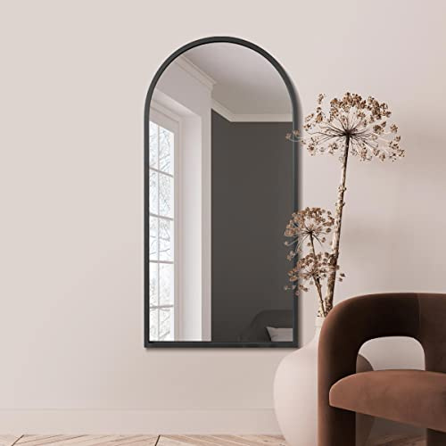 MirrorOutlet Arched Modern Black Large Arched Metal Modern Wall Mirror: 140 x 70cm - Suitable for Bedroom, Living Room, Dressing Room, and Living spaces.
