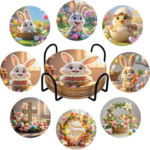 JUNEBRUSHS 8 Stück Diamond Art Painting Untersetzer mit Halter，Diamond Art Painting Ostern Getränke Untersetzer Osterbasteleien für Kinder und Erwachsene