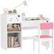 AIYAPLAY Kids Desk and Chair Set, Toddler Table and Chair Set with Drawers, Bookshelf, Storage Shelves, for Ages 3-6 Years, White/Pink