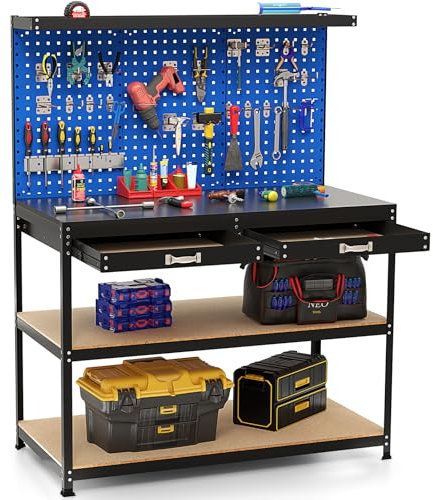GOPLUS Banco de Trabajo con Panel Perforado, Mesa Trabajo con Cajones, Estantes, 23 Ganchos, Soporte para Destornilladores, Carga 230kg, Banco de Herramientas para Garaje Taller, 121x61x156cm (Azul)