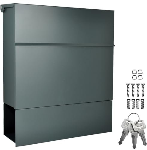 ALSTEN TECH Designer Briefkasten personalisiert mit Familienname Straße und Hausnummer Wandbriefkasten Postkasten mit Zeitungsfach Anthrazitgrau Matt RAL 7016 A4/C4 geeignet