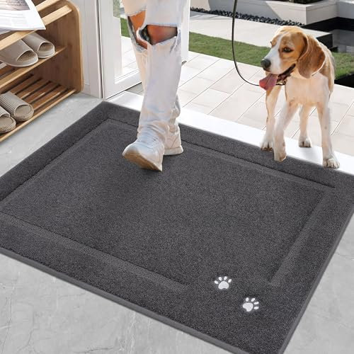 BEQHAUSE Dog Door Mat for Muddy Paws 60x90cm Dirt Trapper Absorbent Doormat Non Slip Entryway Rugs Washable Stain Resistant Welcome Floor Mat Soft Low-Profile for Front Back Door, Dark Grey