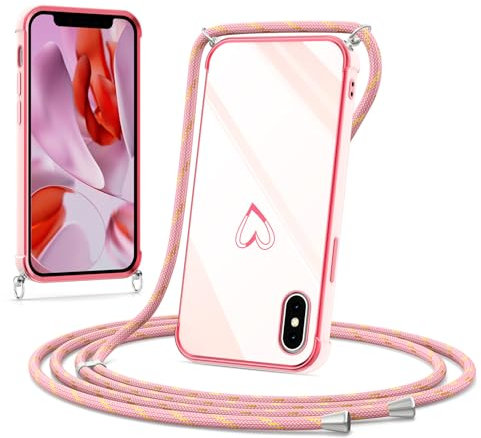Noyabox Hülle mit Band für iPhone X/Xs, Silikon Handyhülle mit Handykette Galvanisiertes Herz Love Design Stoßfest mit Kameraschutz Elegant für Frauen und Mädchen, Rosa