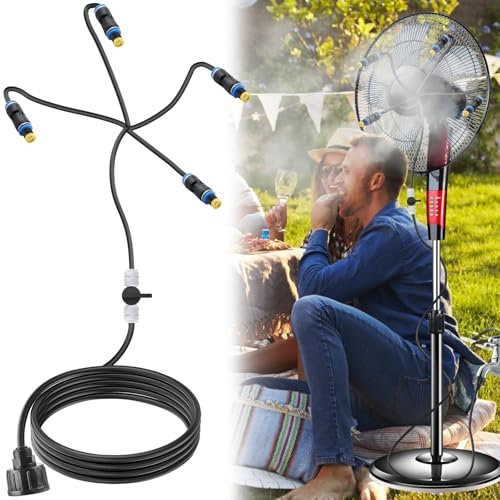 Vaileal Kit de refroidissement par pulvérisation pour ventilateur, système de brumisation, avec tuyau de 6 m et 6 buses rotatives en laiton à 360°, raccord de robinet 3/4, pour terrasse, jardin