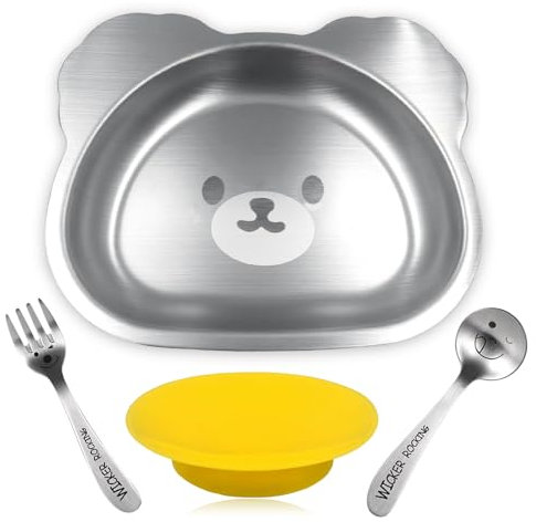 fayaahoo Plato Bebe Ventosa, 304 Acero Inoxidable Plato Con Ventosa Bebe, Simpático Vajilla Infantil con Forma de Oso, Sin BPA Platos Infantiles con Cucharas y Tenedor para Bebé Aprendizaje Comer