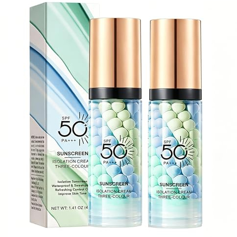 Color Correcting Facial Serum,2 Packs SPF 50 PA+++ Face Sunscreen Isolation Cream, 3 In 1 Moisturizing Essence Concealer Foundation Makeup Primer for Face