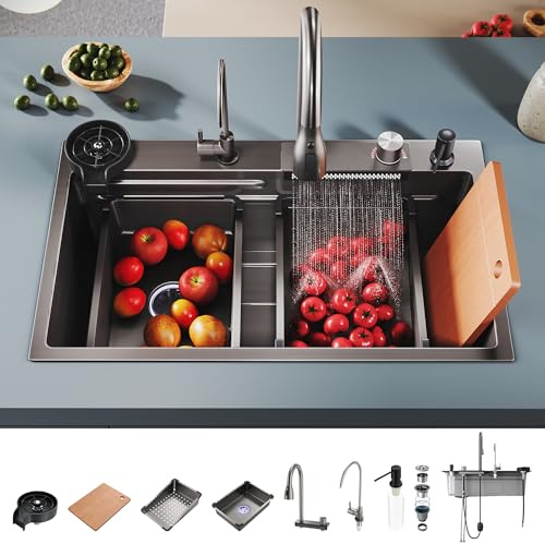 SONNI Lavello da cucina 75 x 45 x 23 cm, in acciaio inox, con cascata, nero | Con rubinetto estraibile, filtro dell'acqua, lavabiti, vaschetta sgocciolatoio, cestello scolapiatti, dispenser di sapone