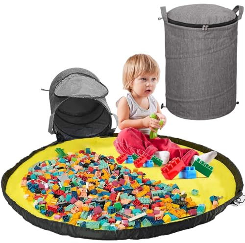 Exquilnova Aufbewahrungstasche für Spielzeug, Bausteine Aufbewahrung Tasche mit Spielmatte und Deckel Aufbewahrungsbox mit Spielteppich, Aufbewahrungskorb für Kinderzimmer, Kinder Geschenk (Grau)