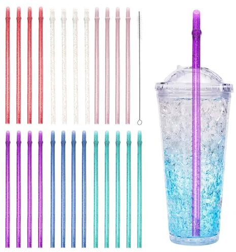 SSAIIURV 25 Pezzi Cannucce Rigide Plastica Riutilizzabile con Spazzola per Adulti e Bambini, 31,5 cm Lunghe Cannucce Cocktail Colorate Brillantini Dritte Stoviglie per Feste Bevande (Multicolore)