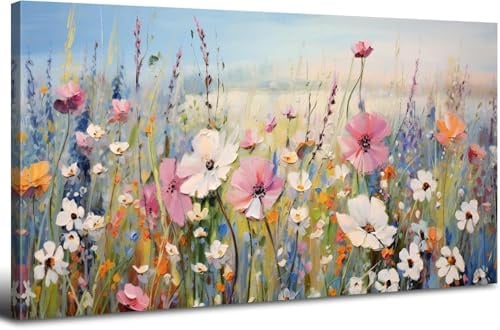 AREBOLO Bunte Blumen Leinwandbild mit Rahmen Wandbild Wanddeko 50x100 cm | Aquarell Wildblumen Wandbild für Wohnzimmer Schlafzimmer Küche, moderne botanische Wanddeko