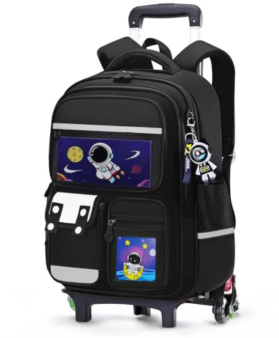 Amythe Schulranzen mit 6 Rollen & Reflektoren für Jungen, Schwarz | Schulrucksack Jungen für die 1.-4. Klasse (6-10 Jahre), Schultrolley 6-Rollen für Treppen, wasserdicht, leicht, ergonomisch