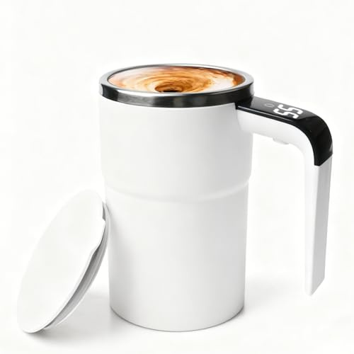 Selbstrührende Tasse, 380ML Selbstrührender Becher mit Temperaturanzeige, Elektrischer Automatischer Selbstrührung Kaffeebecher, Wiederaufladbar Waschbar Elektrische Rührtasse für Kaffee Tee, Weiß