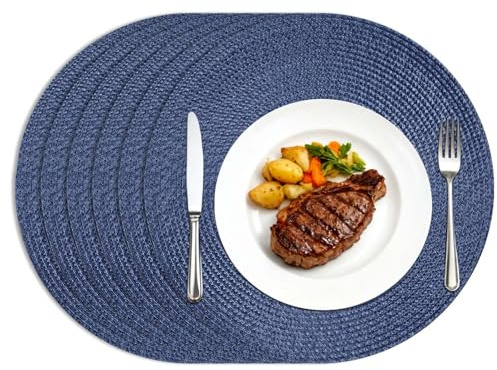 Homcomodar Platzsets Abwaschbar 6er Set Rund Tischsets Abwaschbar Geflochtene Platzset Rund Hitzebeständig rutschfest Blau Platzsets für Hause Küche Restaurant（34cm ）