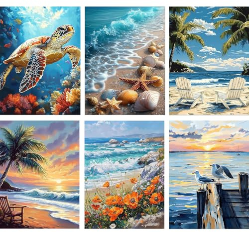 Jawecci 6 Pack Küstenlandschaft Diamond Painting Erwachsene, 5D Diamant Painting Sommerlandschaft Anfänger, DIY Diamant Malerei Kinder für Home Dekor 30x40cm