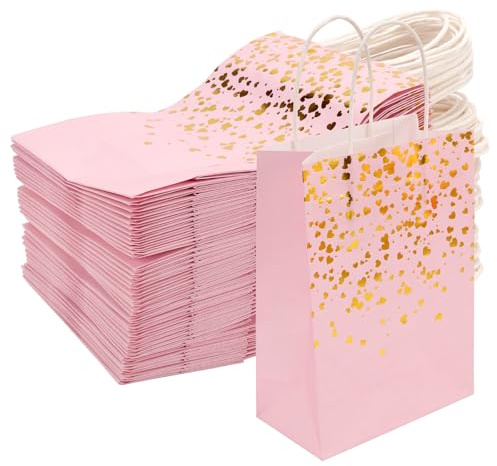 NGOSUET Lot de 50 sacs cadeaux en papier kraft avec anse - Doré rose - 15 x 21 x 8 cm - Pour Noël, mariage, fête d'anniversaire