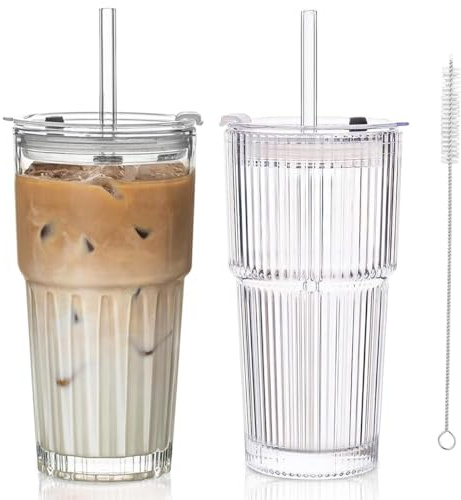 miaomiao Iced Coffee Cup with Straw and Lid, 2 pz Ribbed Glass Tumbler, 600ml/20oz Clear Glass Cups Smoothie Matcha Cup Drinking Jars Leakproof Cup