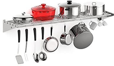 Stainless Steel Wall Mounted Pot Rack with 10 Hooks, 48x12 Inch Commercial Grade Shelf for Kitchen Storage, NSF Certified Heavy Duty Utensil Holder for Pans & Cookware, Restaurant or Home Use