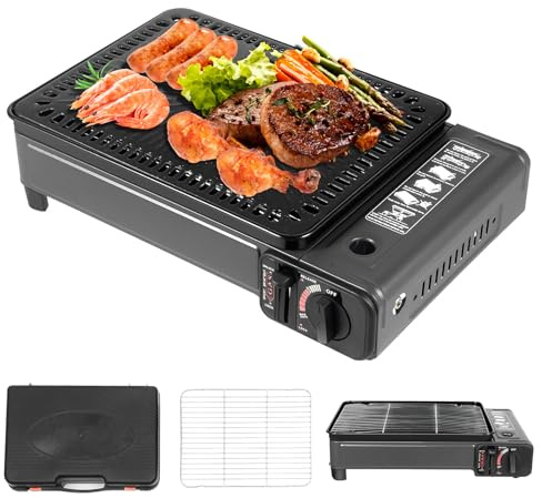 TONFEION Camping Gasgrill, 2-in-1 Tragbarer Tischgrill mit Tragetasche, Abnehmbarer Grillplatte, Gaskocher für Kartuschen, Campingkocher für Outdoor BBQ, Terrasse und Reisen