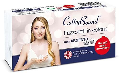 COTTON SOUND ARGENTO Fazzoletti in Cotone 6 Pack x 8 Fazzoletti, 100% Cotone Idrofilo, Microparticelle d'Argento Azione Antibatterica Naturale, Biodegradabili, Made in Italy