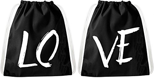 WhyKiki Turnbeutel Set für Paare & Freunde / 20 Designs/TeeKiki Turnbeutel mit Spruch/Beutel: Schwarz/Rucksack/Jutebeutel/Sportbeutel/Hipster/Collegebag/Sportbeutel, Bag:Lo Ve