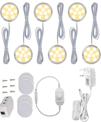 Cefrank Dimmable Puck Lighting, 6 Pack Warm White LED Spot Display Lights for Showcase, Book Shelf, Under Cupboard, Closet etc - Set of 6 Warm White, 3000K