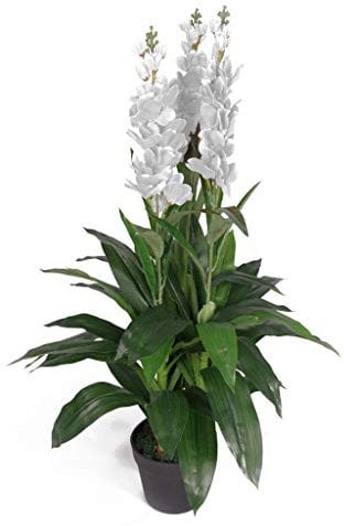 Leaf Kunstpflanze Cymbidium Orchidee, 100 cm, schwarzer Kunststofftopf, weiße Blumen, LEAF-7241