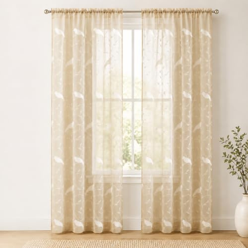 VOGOL Durchsichtige Vorhänge 244 cm lang, taupefarbene Durchsichtige Vorhänge mit Schlaufen, Vogel-Stickerei, Vorhänge für Wohnzimmer/Schlafzimmer, B60 x L244, 2 Stück