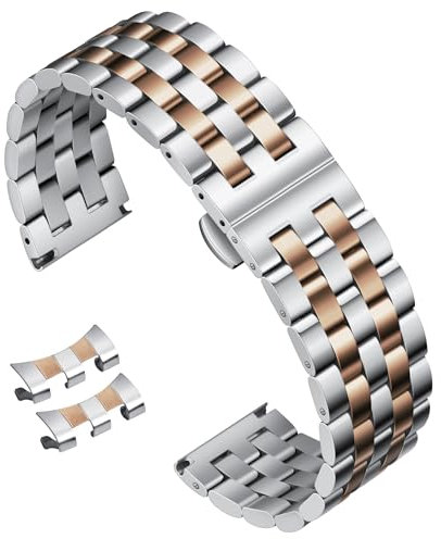 BINLUN Edelstahl Uhrenarmband Poliert Metall Uhrenarmbänder 18mm 19mm 20mm 21mm 22mm 24mm Smartwatch Ersatzarmband für Herren Damen Metallarmband mit Geraden und Gebogenen Ende (Silber-roségold,20mm)