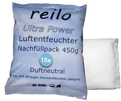 reilo 15x 450g Ultra Power Luftentfeuchter Granulat, Raumluftentfeuchter im Vliesbeutel, Nachfüllpacks für Entfeuchterboxen 450 bis 1200 g, Lufttrockner für Wohnräume, Schlafzimmer, Keller