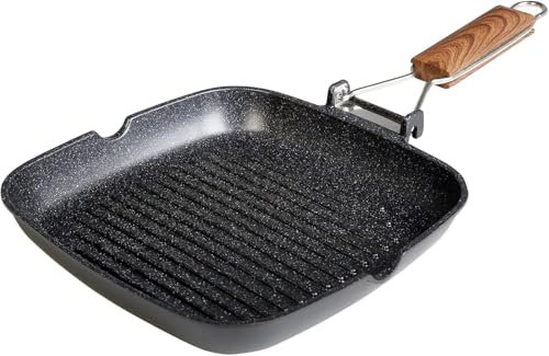 WECOOK! Ecochef Grill Asador Inducción Rayas 28 X 28cm, Antiadherente QUANTANIUM Ecológico sin PFOA, Aluminio Fundido, 5mm Espesor, Mango Madera Plegable, Apta Todas las Cocinas Vitrocerámica, Gas