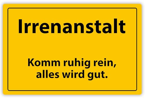 Lustiges Alu-Schild „Irrenanstalt - Komm ruhig rein, alles wird gut“ - mit Aufhängesystem ca. 20x30,5 cm - Witziges Geschenk für die Werkstatt oder Kollegen im Büro - Metallschild Deko