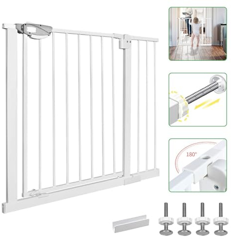 LZQ Treppenschutzgitter, Doppelschloss extra sicheres Metall-Türschutzgitter zum Klemmen, Weiß, 85-95 cm, Türgitter Klemmgitter | 90° Stop | Schließt automatisch