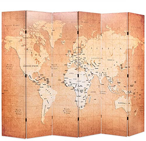 Raumteiler Klappbar Freistehend Trennwand Holzrahmen Paravent Umkleide Sichtschutz Dekorative Wand Raumtrenner 6-TLG. für Bad Schlafzimmer Wohnzimmer 228 x 170 cm Weltkarte Gelb